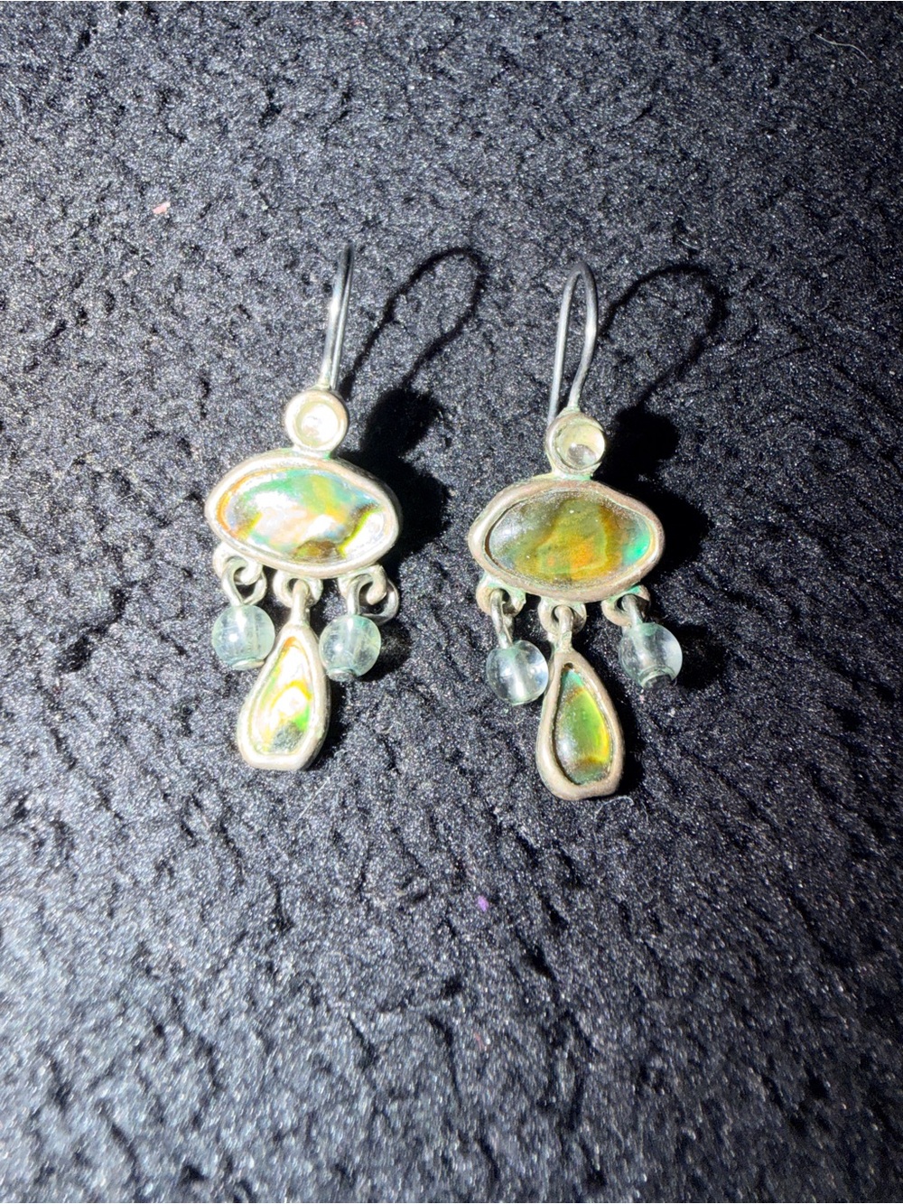Silver Iridescent Opal Drop Earrings - Green Hues